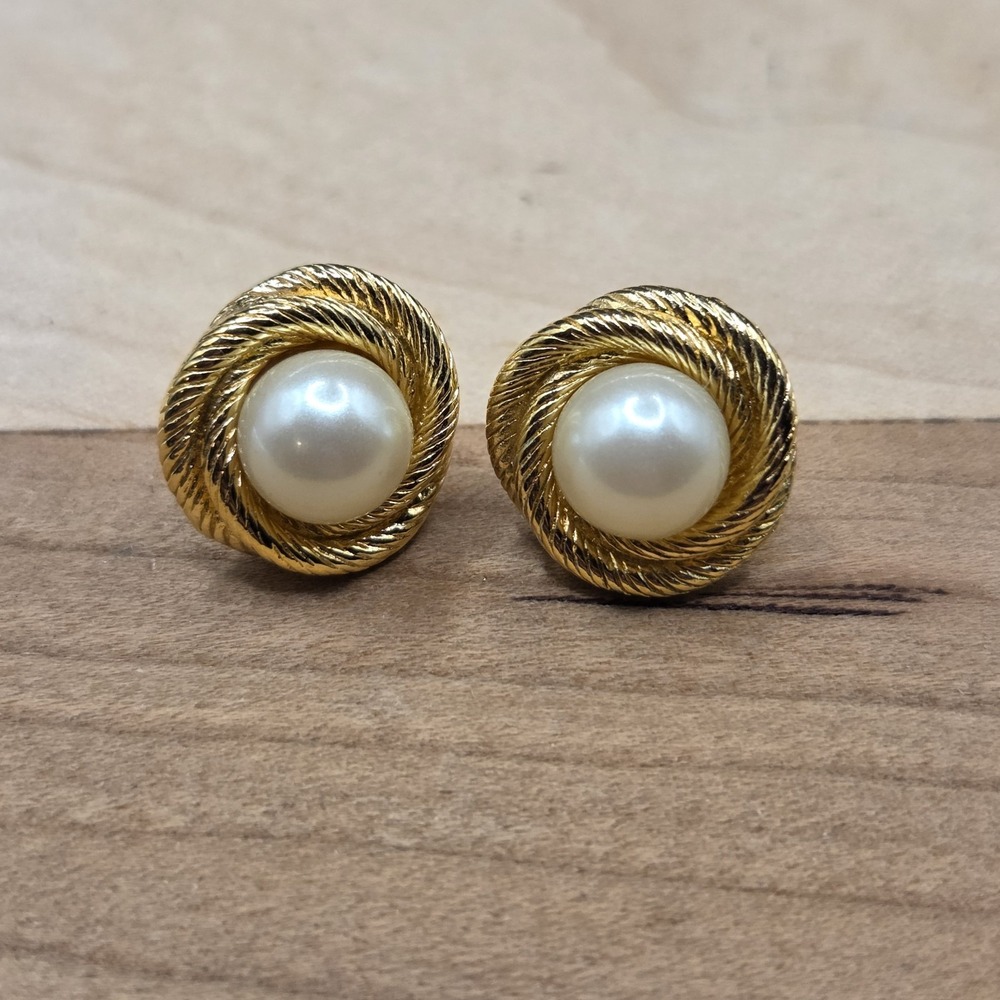 Vintage Monet Signed Gold-Tone Faux Pearl Knot Earrings